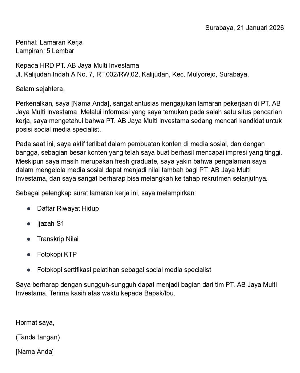 contoh surat lamaran kerja dari ab jaya